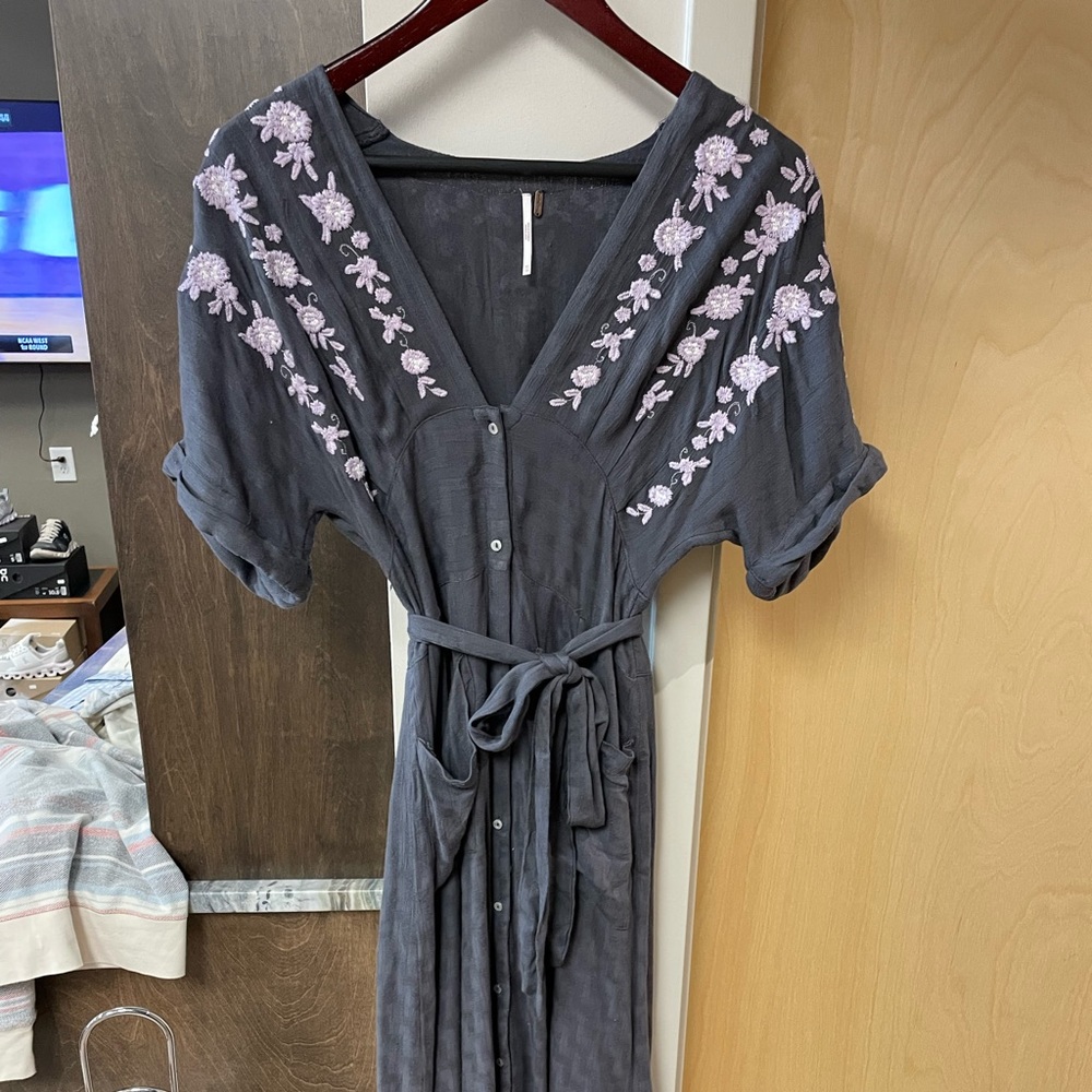 Free People Gray Maxi Dress with Purple Floral Embroidery